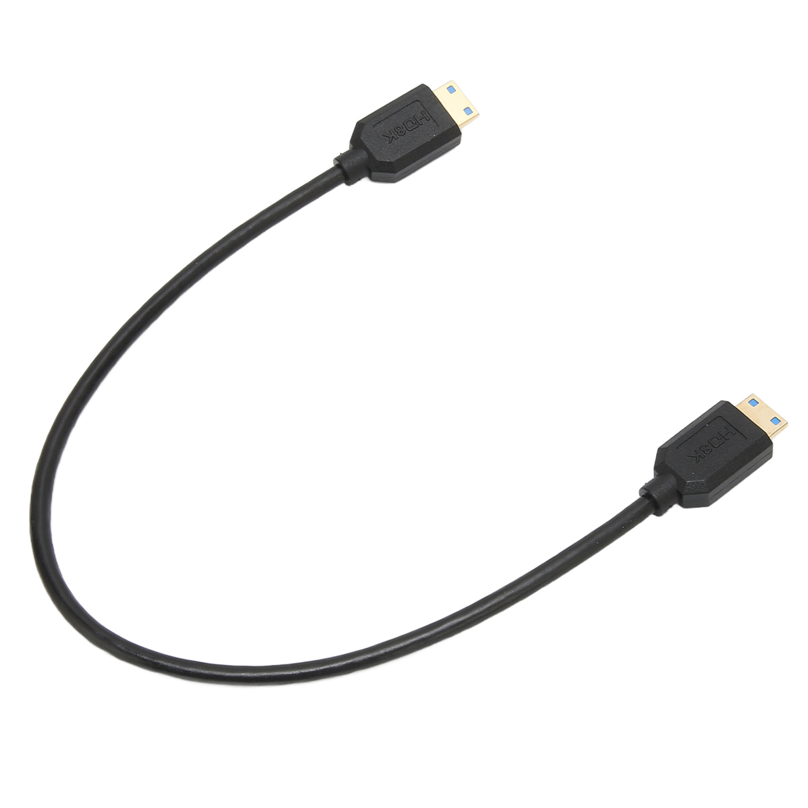 Ein schwarzes HDMI-Kabel mit Anschlüssen an jedem Ende, vor weißem Hintergrund. Die Anschlüsse haben das HDMI-Logo.