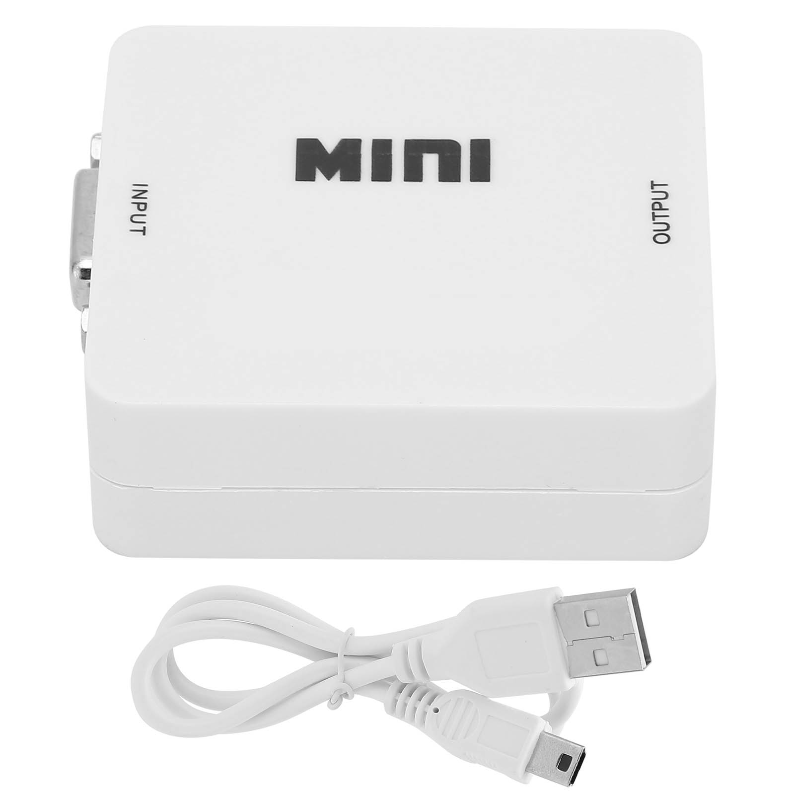 Ein weißer 'MINI'-Adapterkasten mit den Aufschriften 'INPUT' und 'OUTPUT'. Ein weißes USB-Kabel ist mit der Box verbunden.