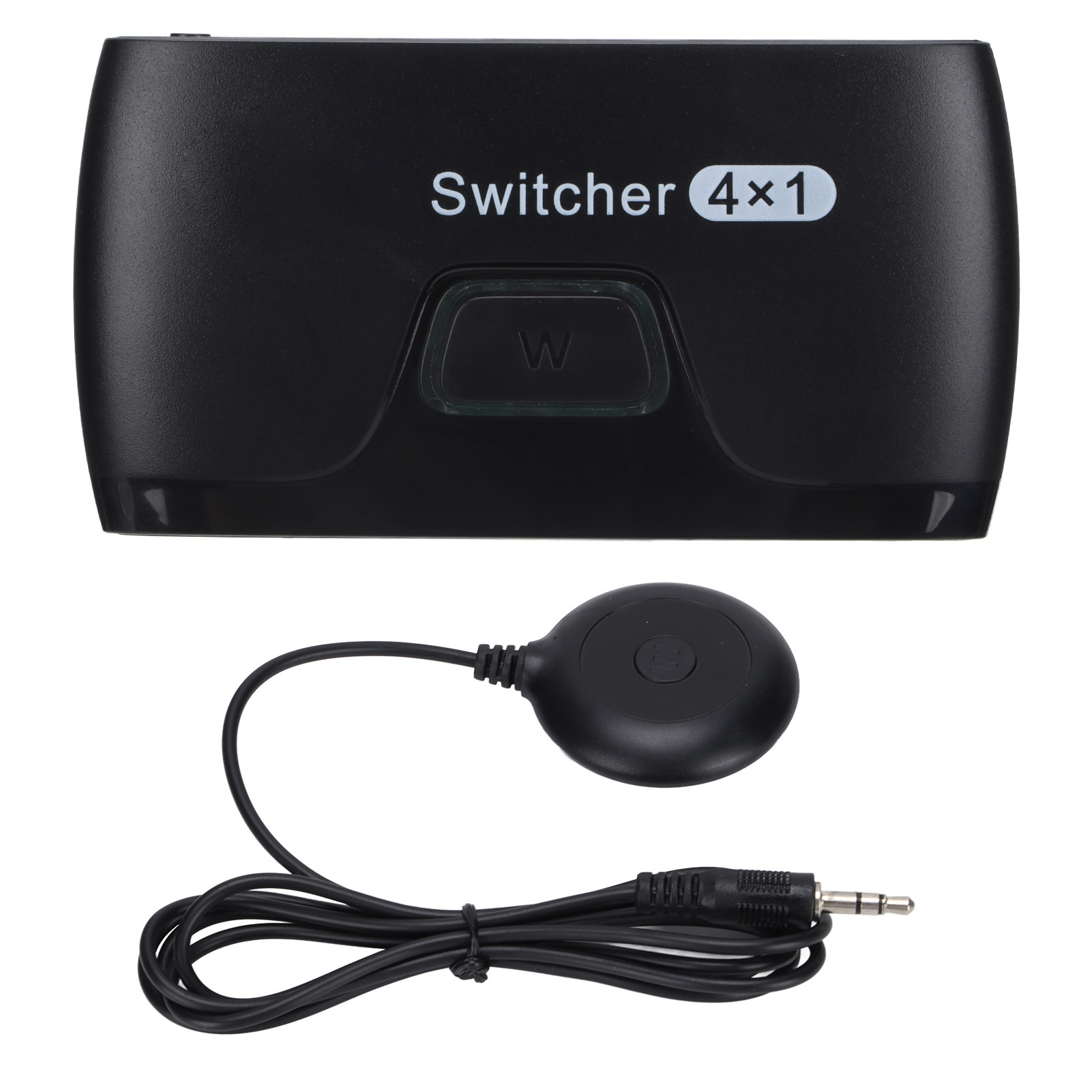 Ein schwarzer Switcher mit Fernbedienung, einer Taste mit der Aufschrift 'W'. Der Switcher liest 'Switcher 4x1'.