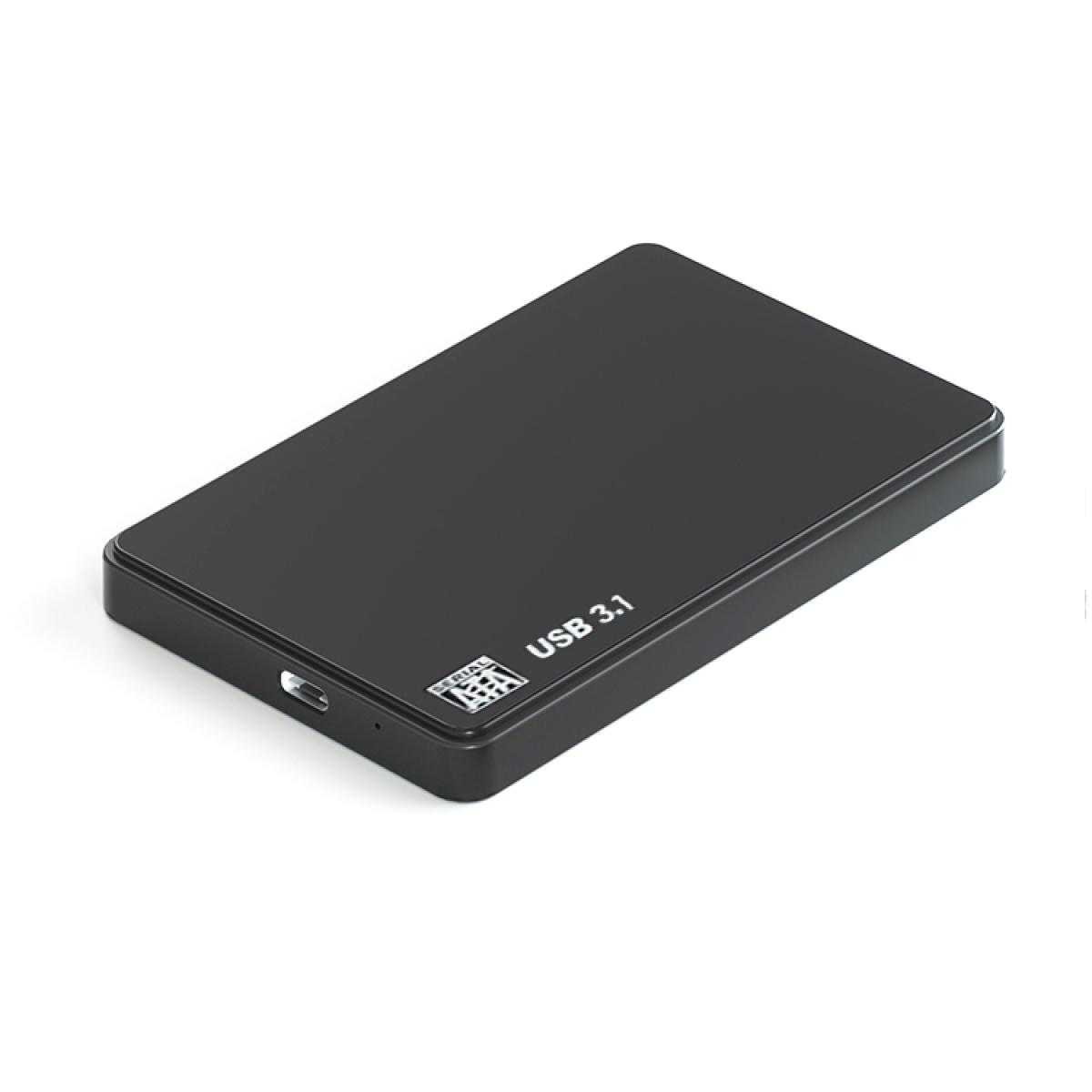 Eine schwarze externe USB 3.1-Festplatte liegt auf einer weißen Oberfläche. Die Festplatte ist rechteckig mit abgerundeten Ecken.