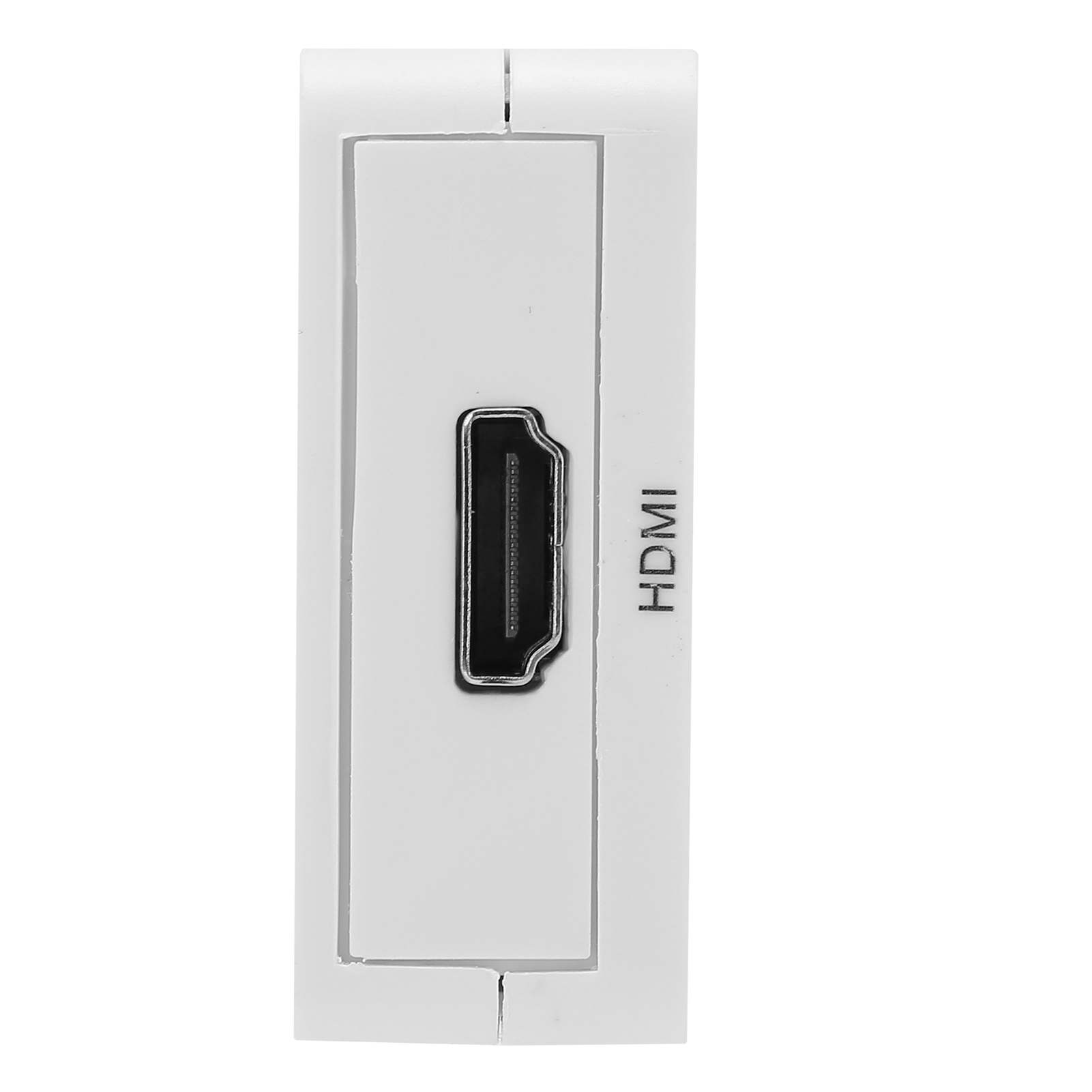 Nahaufnahme eines weißen HDMI-Anschlusses auf einer weißen Platte. Der Anschluss ist schwarz und trägt das Wort "HDMI" vertikal.