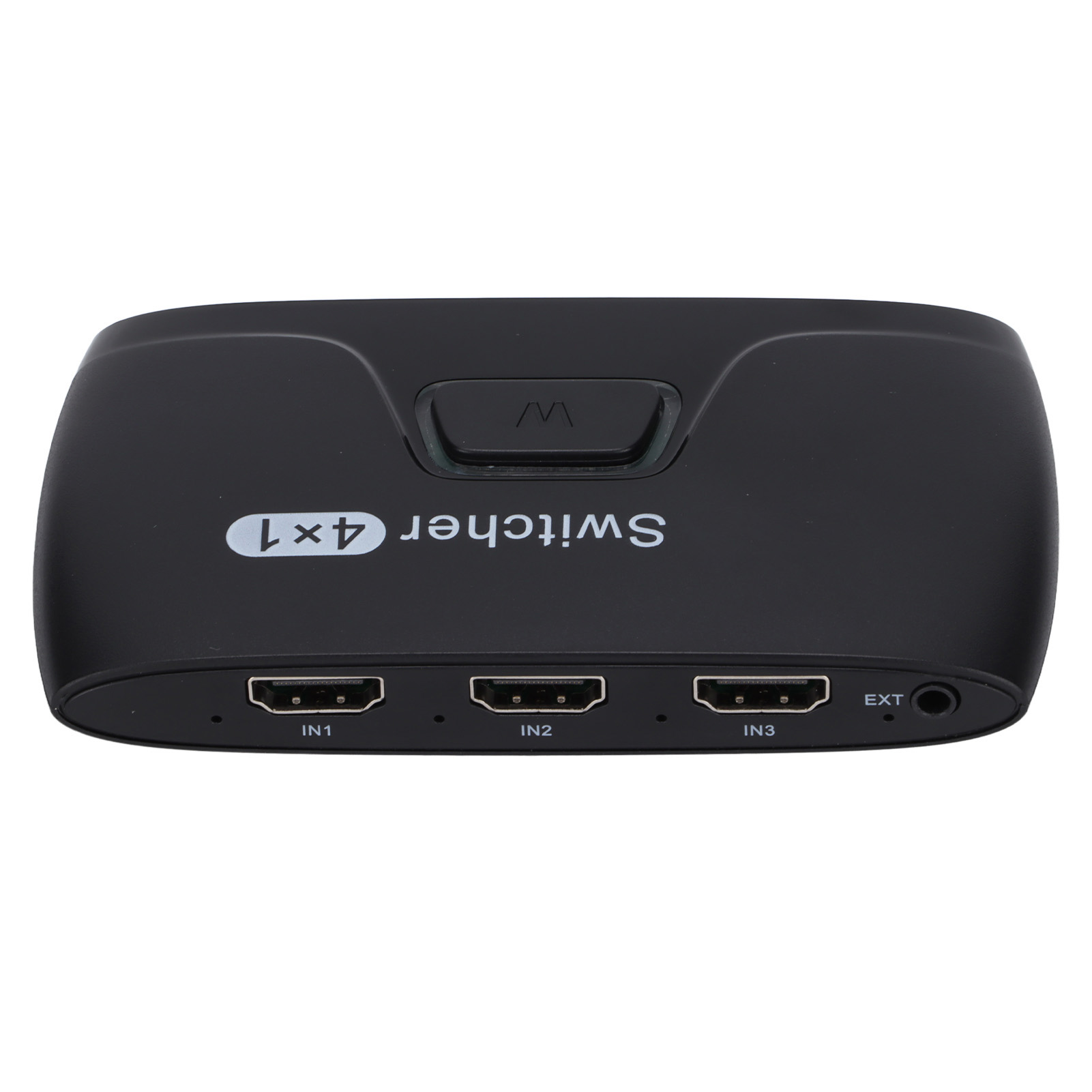 Schwarzer HDMI-Umschalter mit 3 Eingangs- und 1 Ausgangsanschluss. Er hat eine Taste und weißen Text 'Switcher 4x1'.