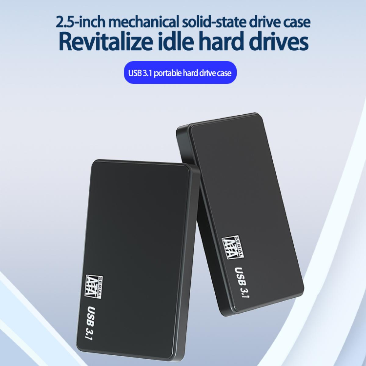 Zwei schwarze USB 3.1 tragbare Festplattengehäuse werden angezeigt. Oben steht: Revitalisieren Sie inaktive Festplatten. USB 3.1 tragbares Festplattengehäuse.