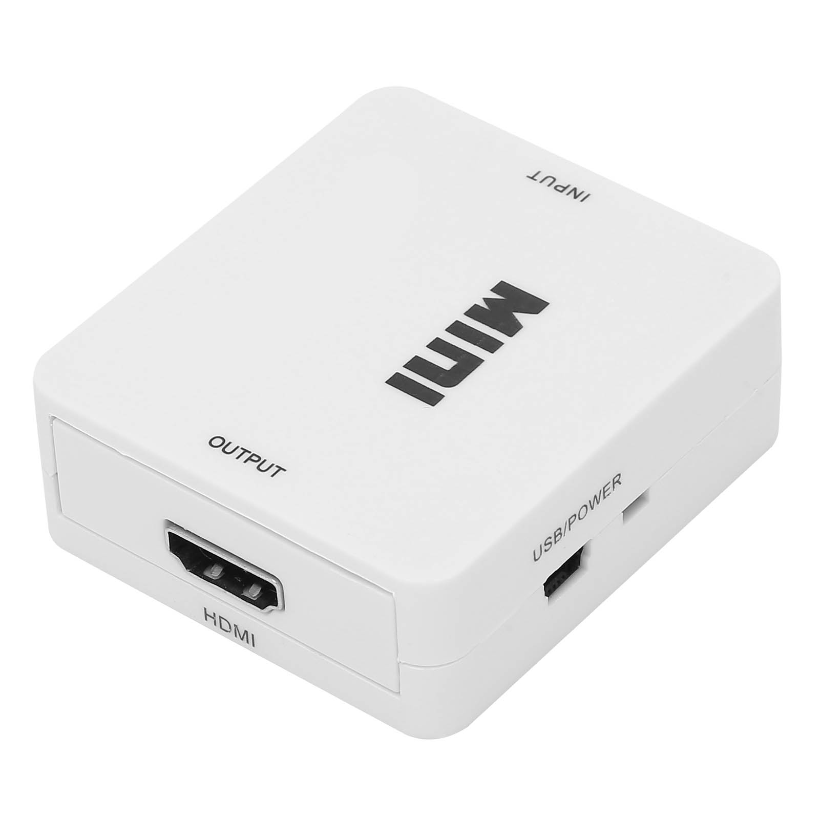 Ein weißer 'MINI'-HDMI-Adapter mit den Aufschriften 'OUTPUT', 'INPUT' und 'USB/POWER'. Er hat HDMI- und USB-Anschlüsse.