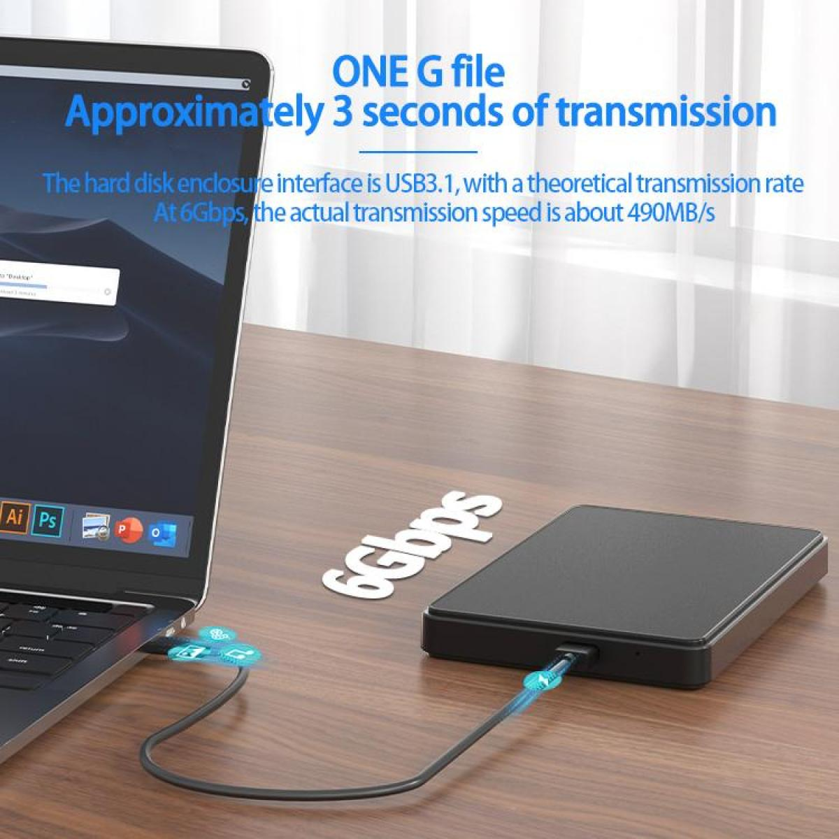 Ein Laptop ist mit einer schwarzen externen Festplatte verbunden. Das Bild zeigt Datenübertragung mit blauen Steckern und Text.