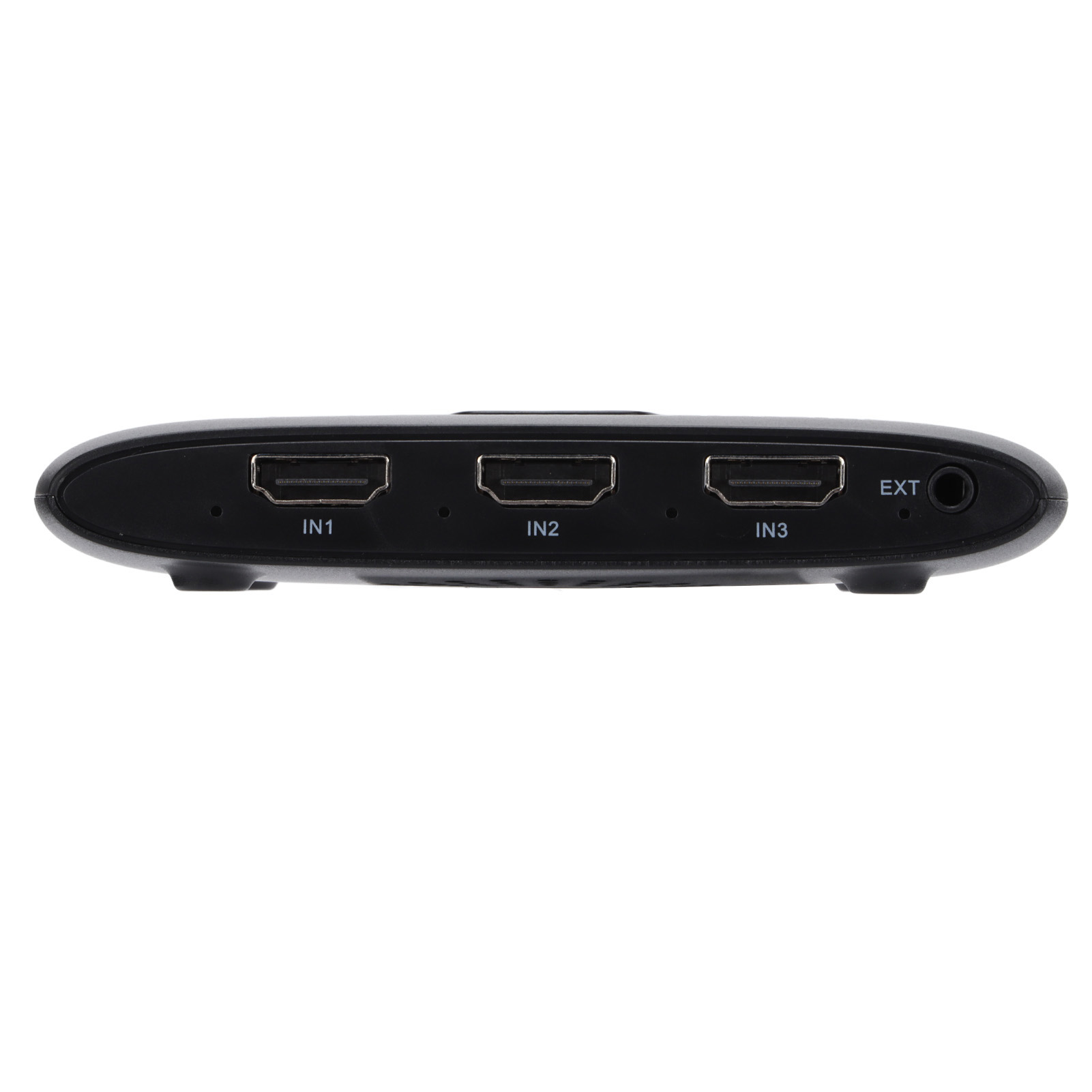 Schwarzer HDMI-Umschalter mit drei Eingängen IN1, IN2, IN3 und einem EXT-Ausgang. Weißer Hintergrund.