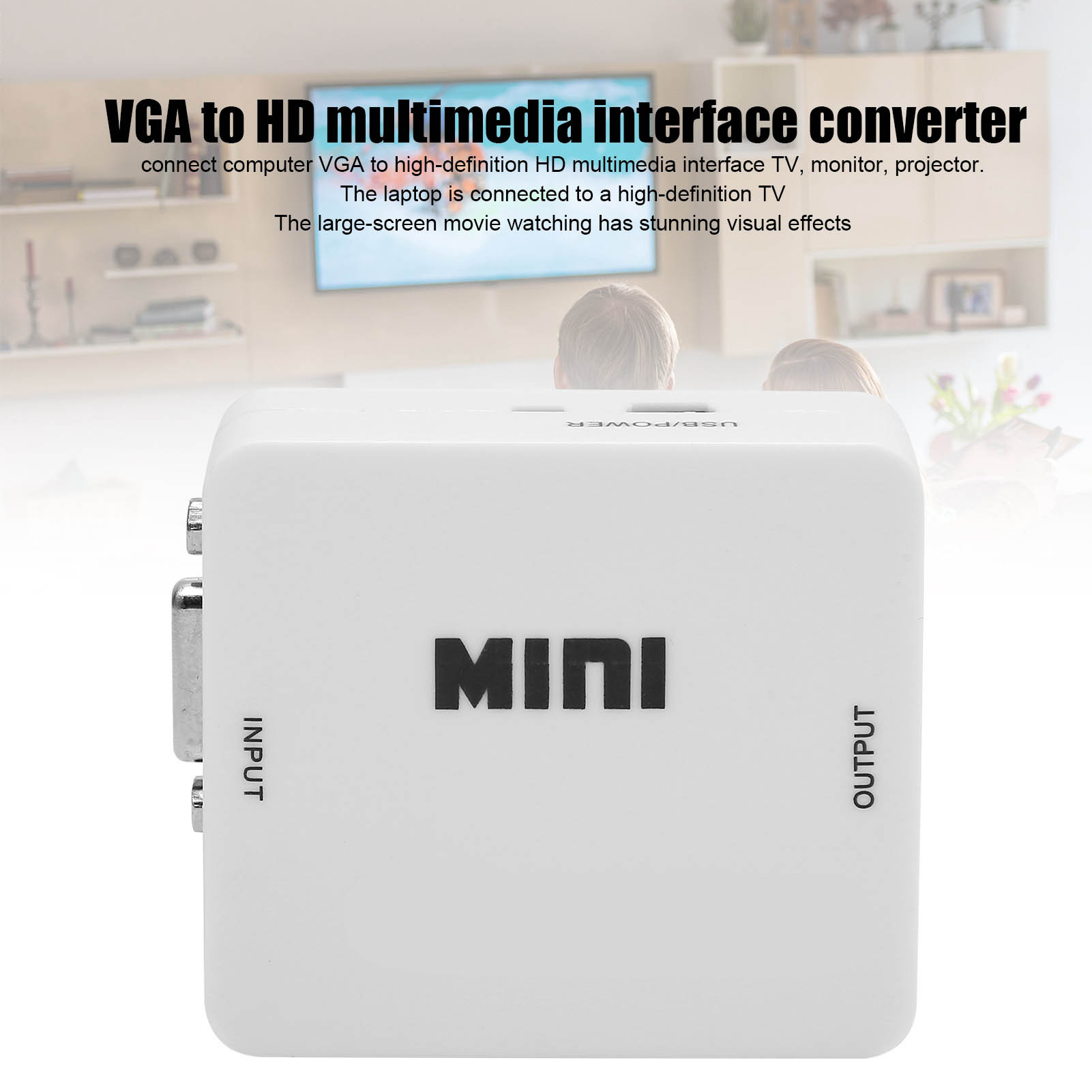 Ein weißer VGA-zu-HD-Multimedia-Konverter mit 'MINI'. Text beschreibt Funktionen und Verwendung.