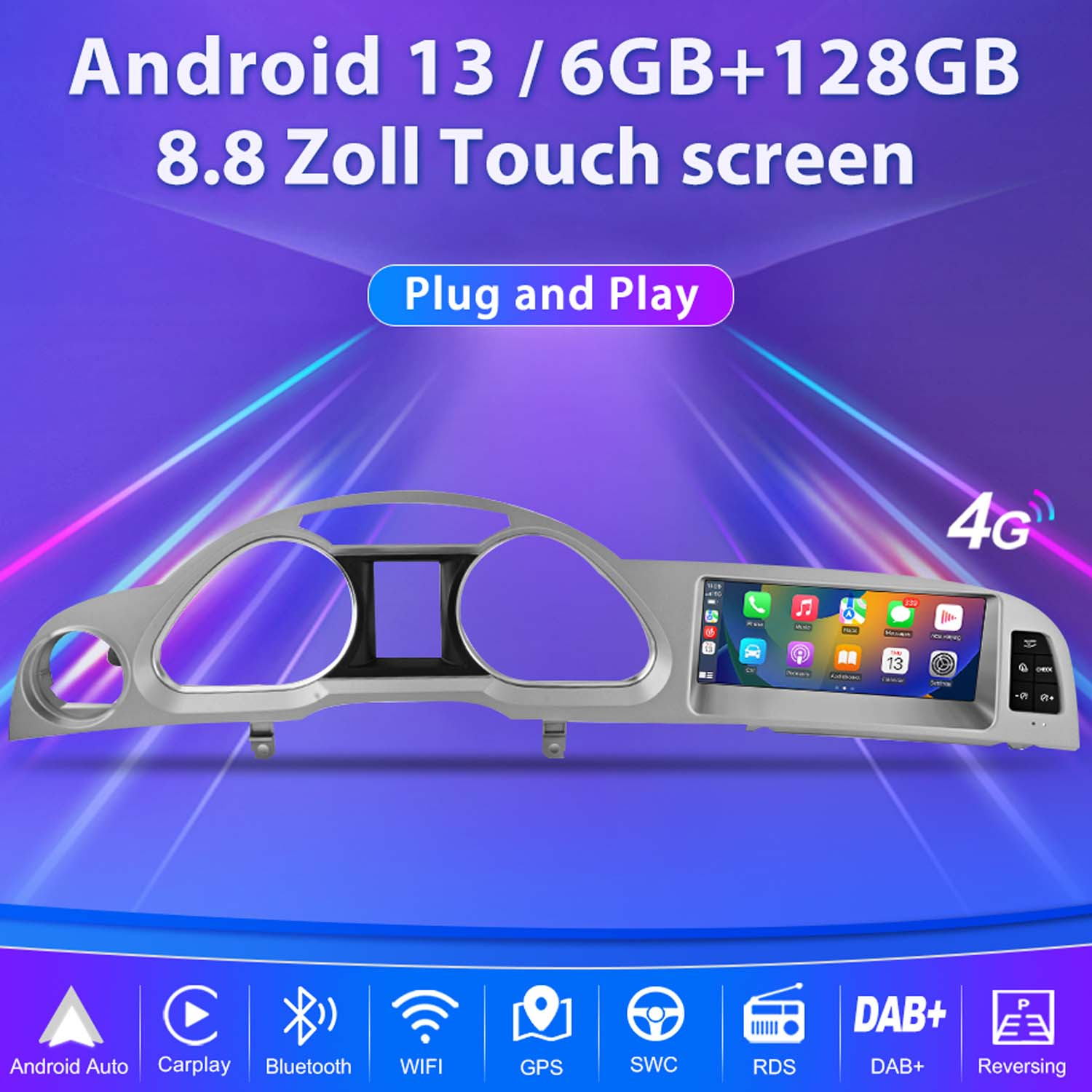 Radio samochodowe z systemem Android z ekranem wyświetla interfejs użytkownika. Informacje obejmują Android 13, 6 GB RAM, 128 GB pamięci i ekran 8,8 cala.