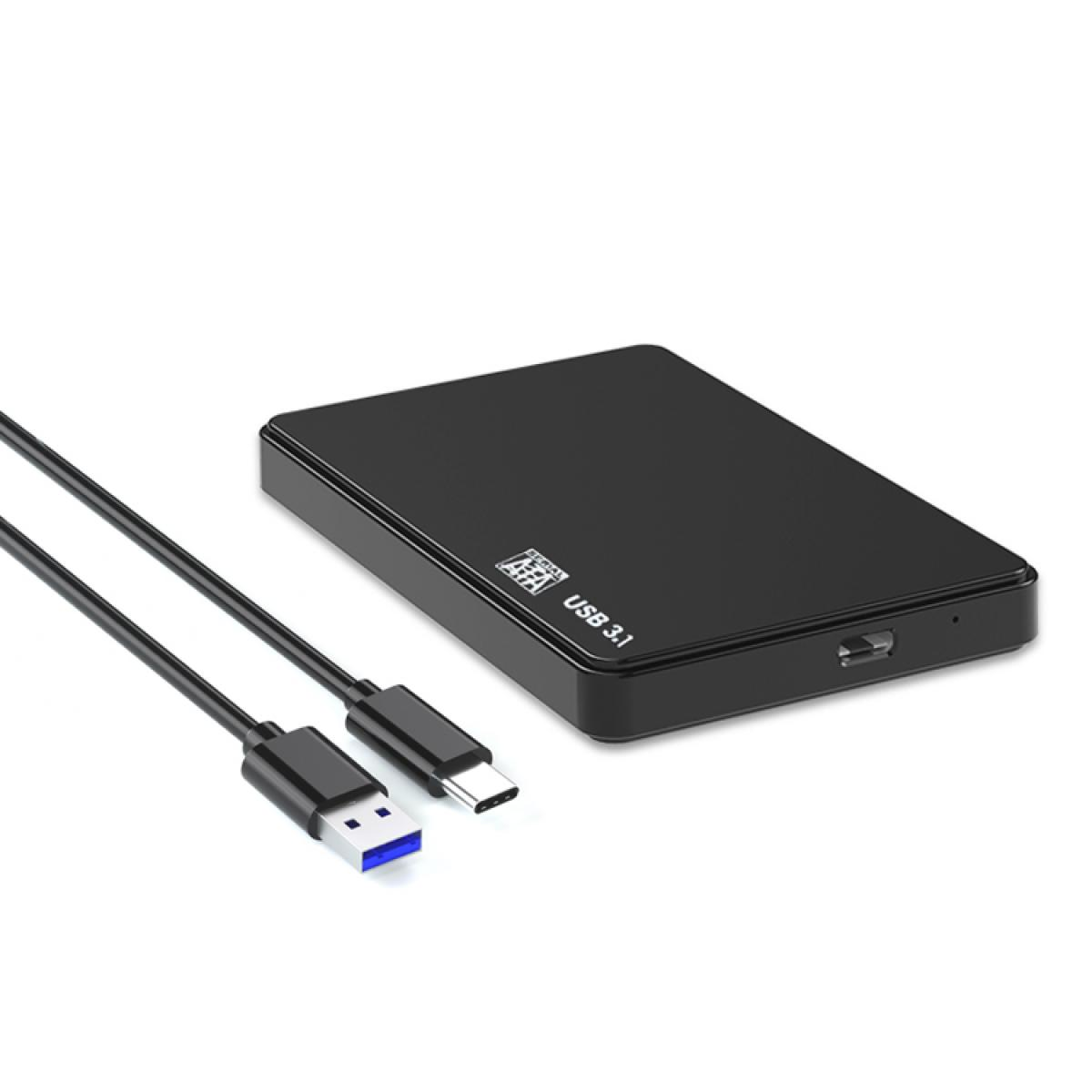 Eine schwarze externe Festplatte mit USB 3.1-Anschluss und Kabel, vor weißem Hintergrund. Das Kabel hat einen USB-A- und einen USB-C-Anschluss.