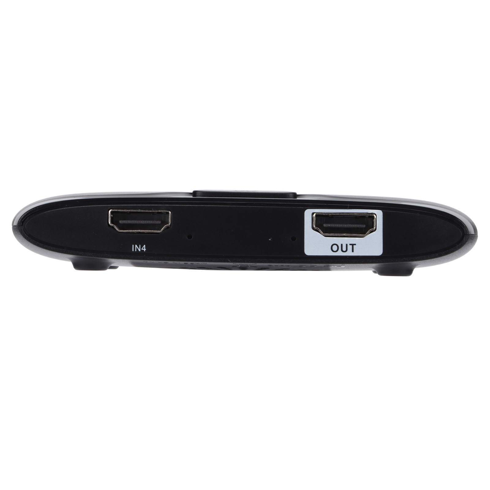 Ein schwarzer HDMI-Umschalter mit den Aufschriften 'IN4' und 'OUT'. Er hat zwei HDMI-Anschlüsse und eine abgerundete Form.