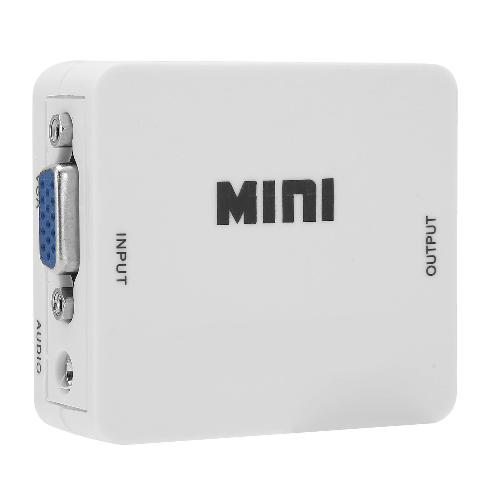 Weißer Mini-VGA-zu-AV-Adapter. Er hat Eingangs- und Ausgangsanschlüsse, und das Wort MINI steht in Schwarz darauf.