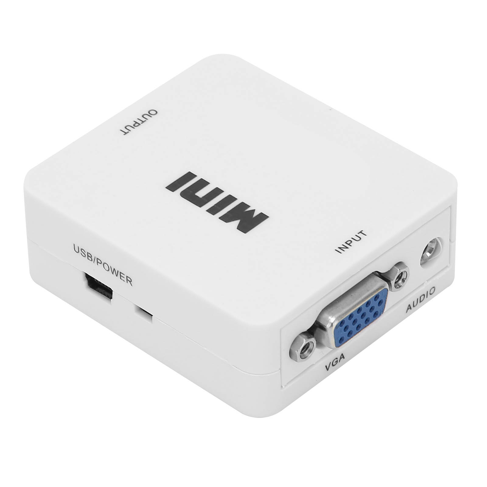 Ein weißer Mini-VGA-Adapter. Er hat Eingangs- und Ausgangsanschlüsse mit USB/Strom- und Audioanschlüssen. Der VGA-Anschluss ist blau.