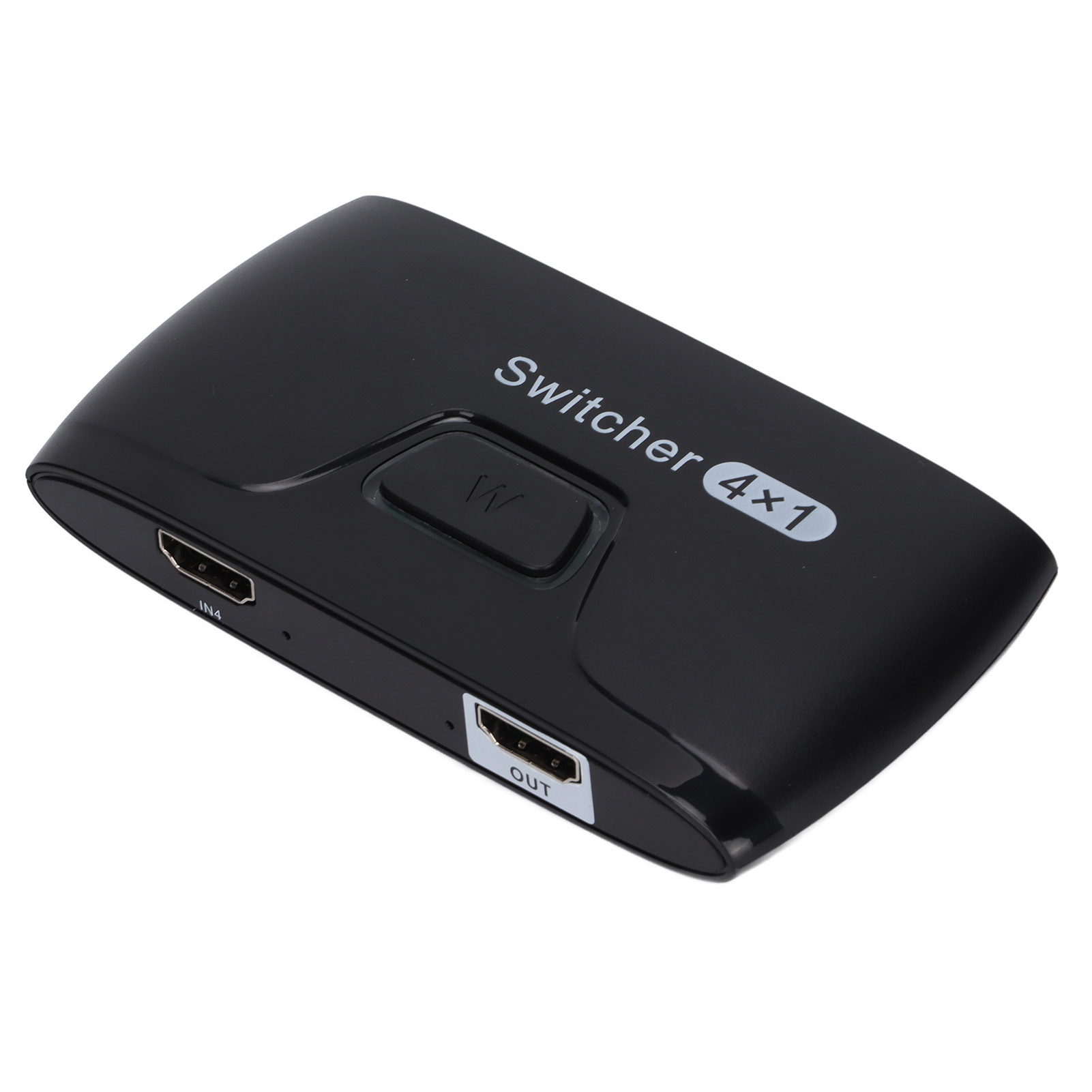 Schwarzer 4x1-Umschalter mit HDMI-Anschlüssen IN4 und OUT. Er hat eine Taste und den Text Switcher 4x1.
