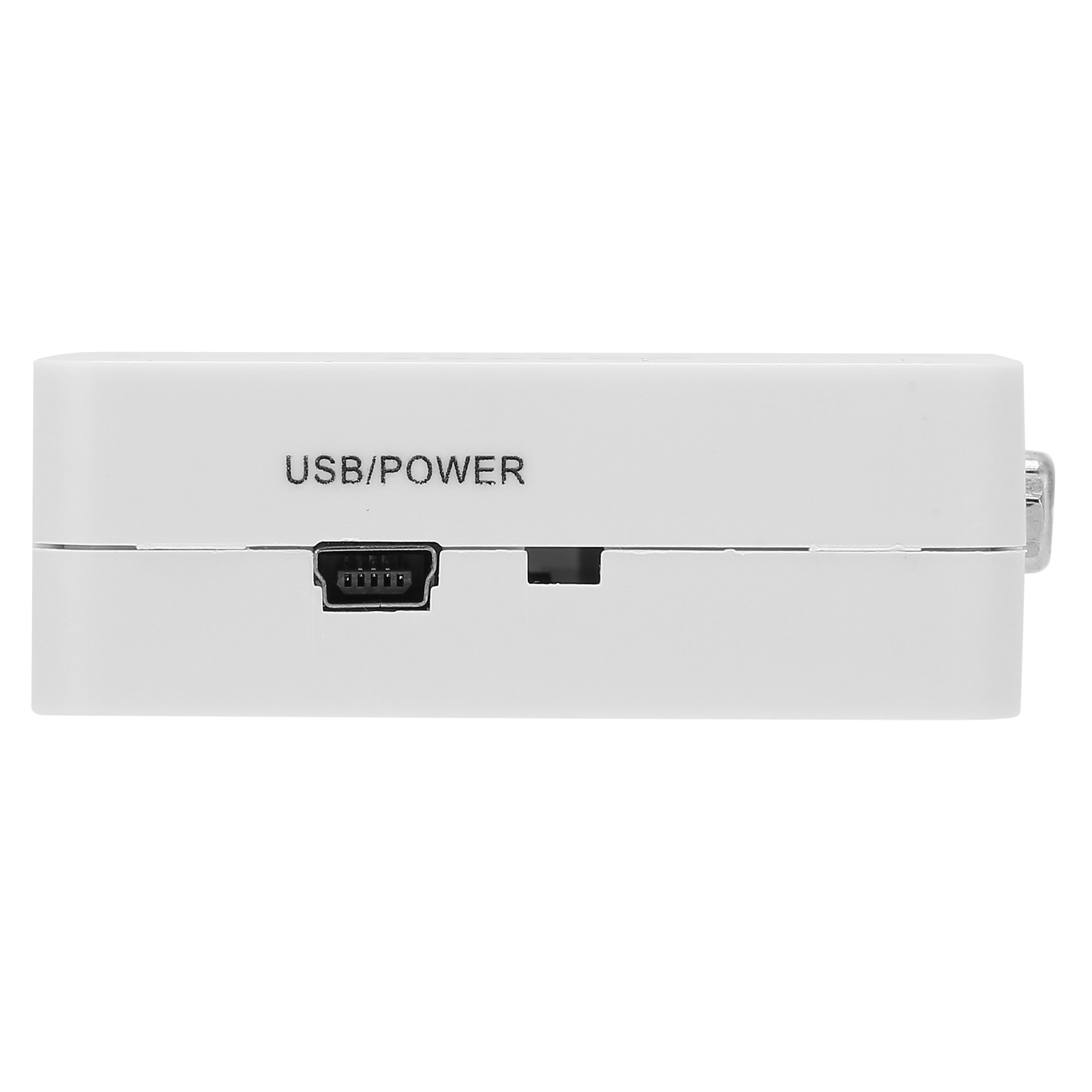 Weißes rechteckiges Gerät mit der Aufschrift 'USB/POWER'. Es hat einen USB-Anschluss und einen kleinen schwarzen Steckplatz. An der Seite befindet sich ein silberner Anschluss.