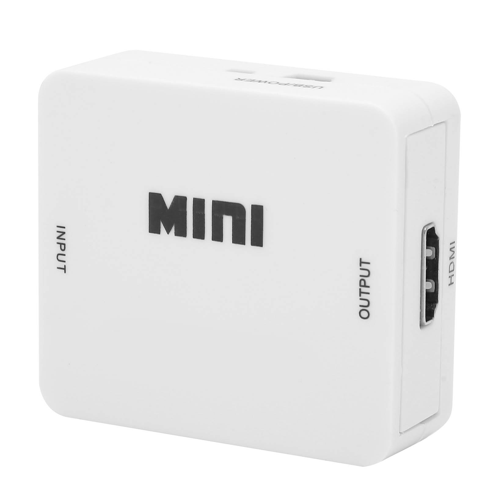 Ein weißer Mini-Konverter mit Eingangs-, Ausgangs- und HDMI-Anschlüssen. Das Wort MINI steht fett in schwarzen Buchstaben auf der Vorderseite.