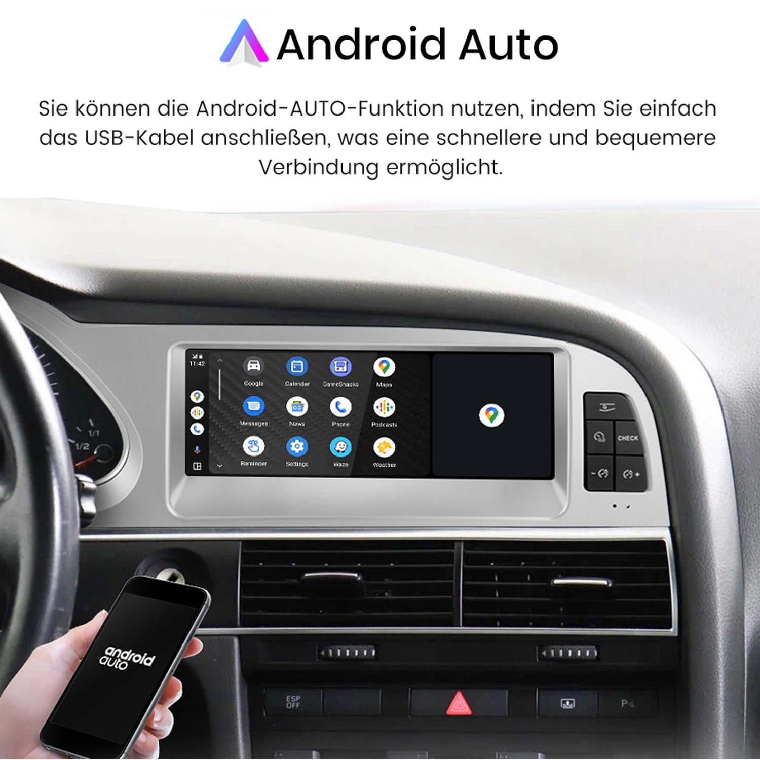 Deska rozdzielcza samochodu z Android Auto na wyświetlaczu i telefonem. Pokazuje Mapy Google, aplikacje i sterowanie samochodem. Ręka trzyma telefon.