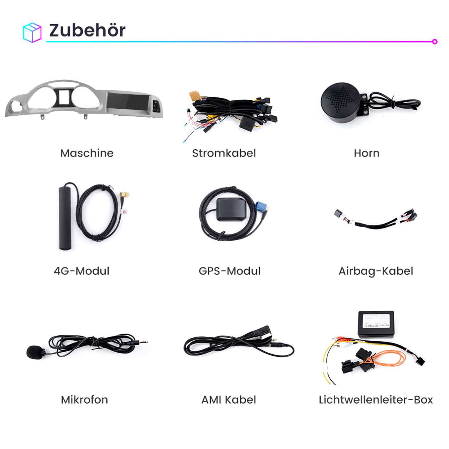 Sammlung von Autozubehör, darunter Kabel, Module, eine Hupe, ein Mikrofon und ein Lichtleiterkasten, angeordnet auf weißem Hintergrund.
