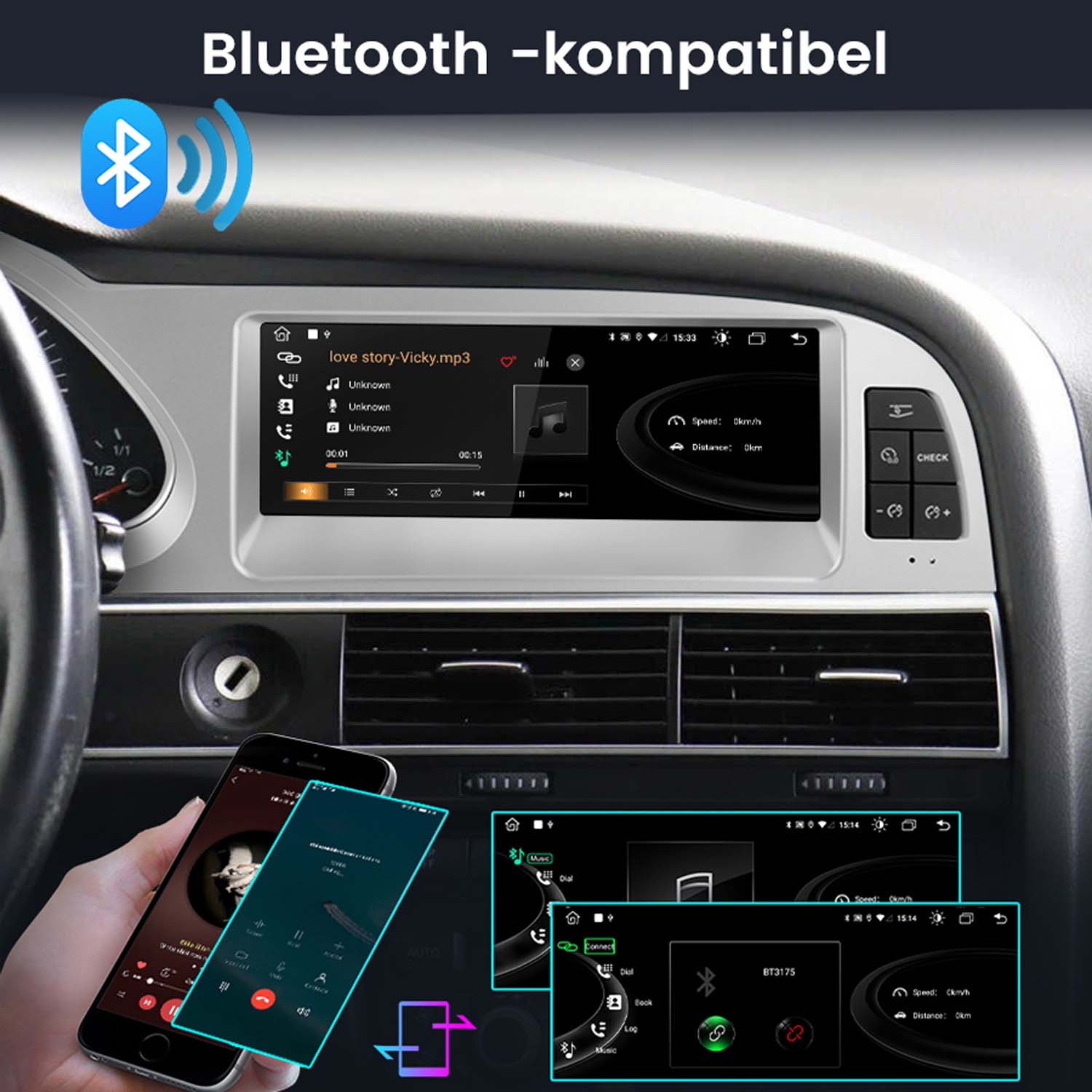 Radio samochodowe z Bluetooth. Telefon jest podłączony, wyświetlając elementy sterowania muzyką. Inny telefon wyświetla ekran połączenia.