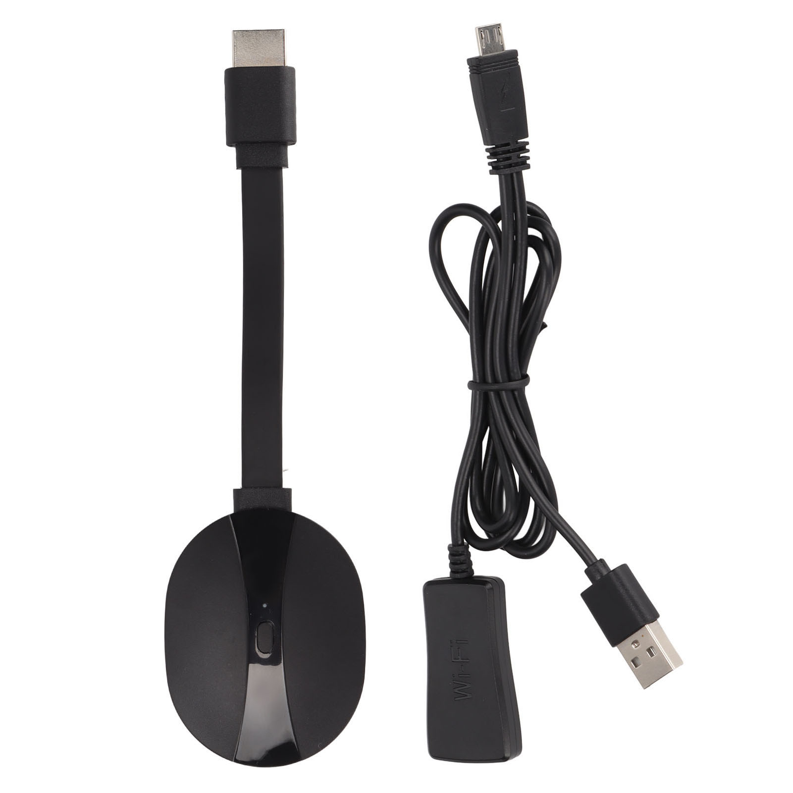 Schwarzer Wi-Fi-Display-Adapter mit zwei Kabeln. Eines hat einen USB-C-Anschluss, das andere einen Micro-USB- und einen Standard-USB-Anschluss.