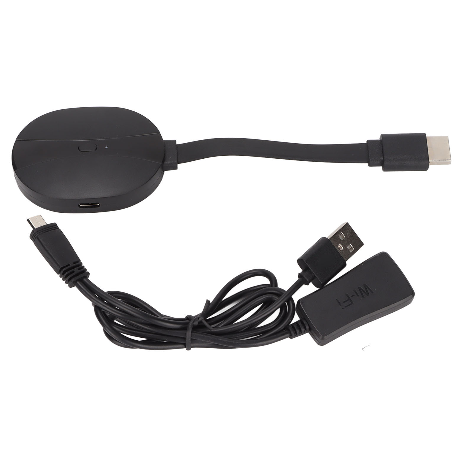 Schwarzes Streaming-Gerät mit Kabel und USB-C-Anschluss. Darunter ein Kabel mit USB- und Micro-USB-Anschluss und ein WLAN-Adapter.