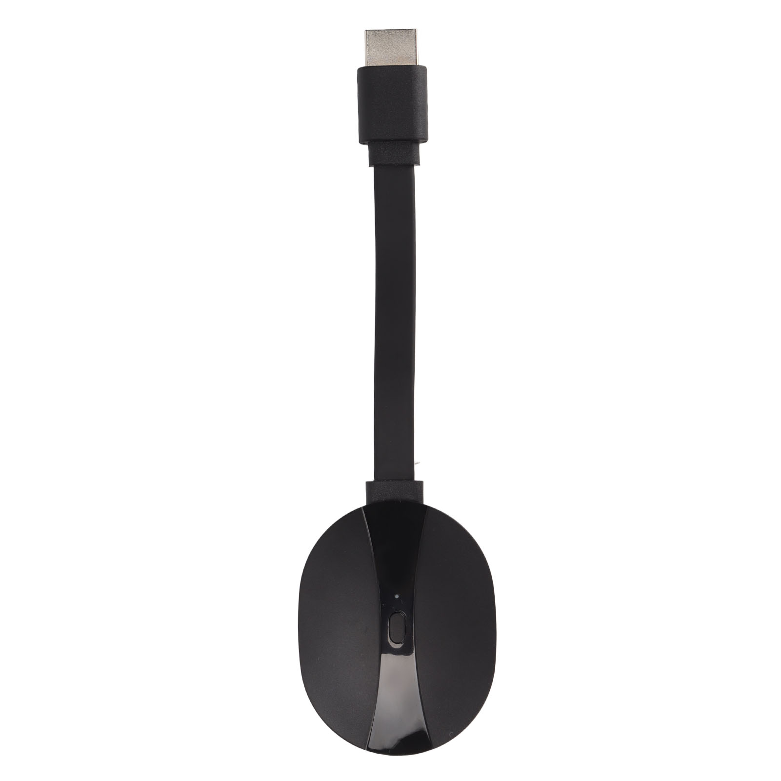 Ein schwarzes Media-Streaming-Gerät. Es hat einen USB-C-Anschluss, ein Kabel und eine runde Scheibe mit einer Taste.
