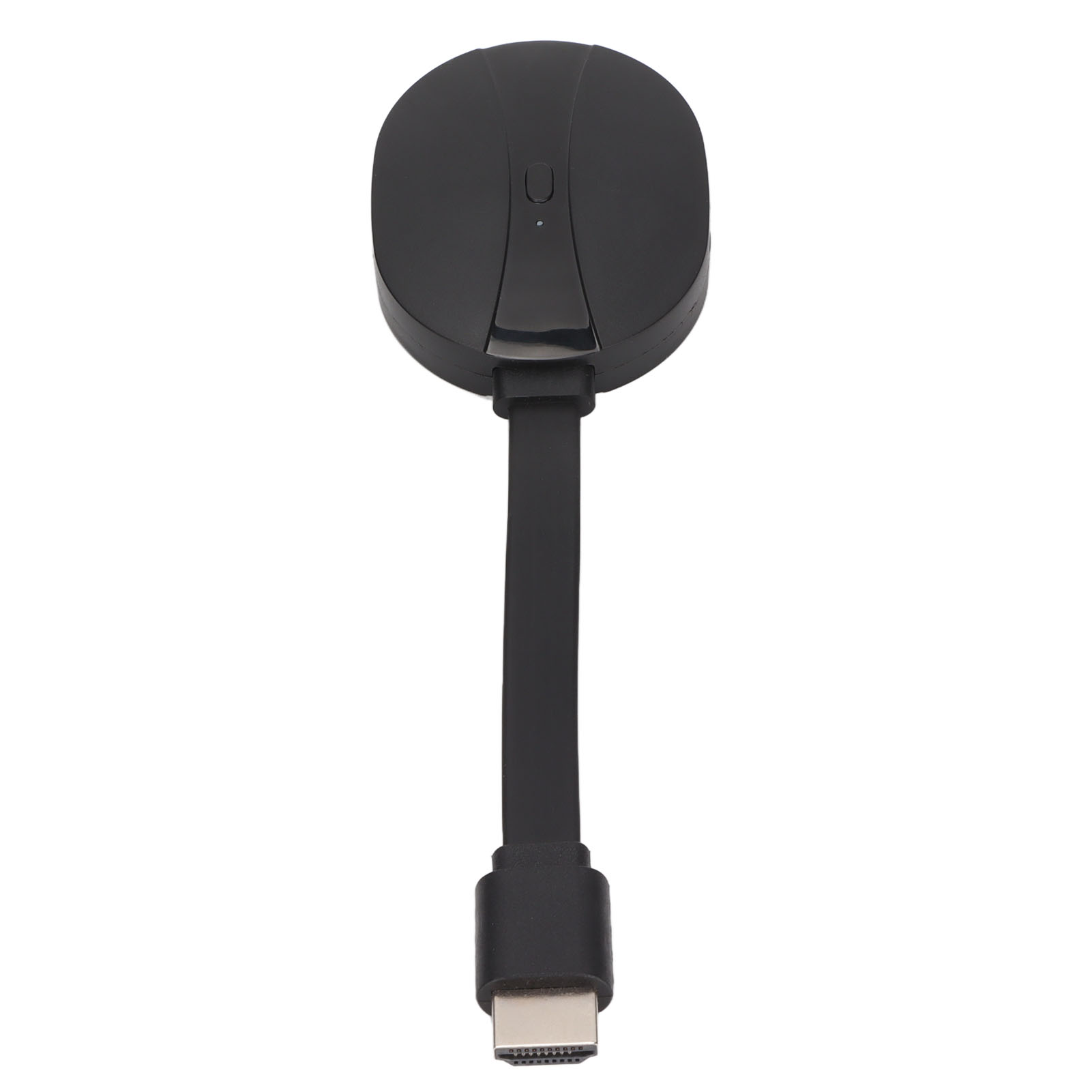 Ein schwarzes Media-Streaming-Gerät mit Kabel und HDMI-Anschluss auf weißem Hintergrund.