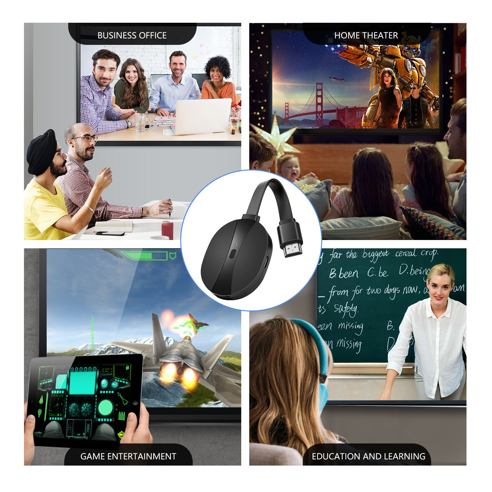 Collage mit Geschäftstreffen, Heimkino, Spielunterhaltung und Bildung. In der Mitte befindet sich ein schwarzes Streaming-Gerät.