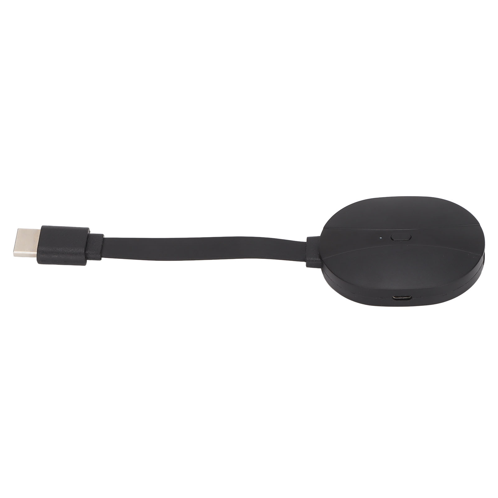 Ein schwarzes Chromecast-Gerät mit USB-C-Anschluss und rundem Gehäuse, verbunden durch ein schwarzes Kabel. Weißer Hintergrund.