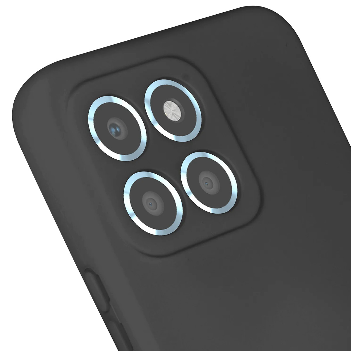 Primer plano del conjunto de cámaras de un smartphone negro. Se ven cuatro lentes de cámara con anillos plateados, contra el cuerpo oscuro del teléfono.