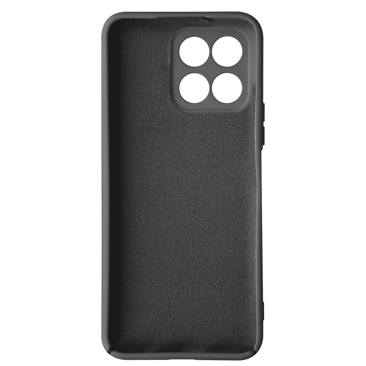 Una funda de teléfono gris oscuro. Tiene un recorte para la cámara con cuatro círculos. La parte posterior tiene una superficie texturizada.