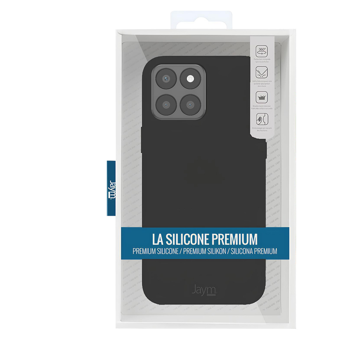 Funda negra para teléfono en embalaje. La funda tiene un recorte para la cámara. El texto en el embalaje dice 'LA SILICONE PREMIUM'.