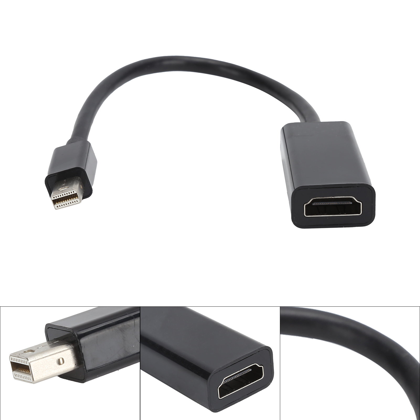Schwarzes Adapterkabel mit einem Mini-DisplayPort-Anschluss an einem Ende und einem HDMI-Anschluss am anderen. Weißer Hintergrund.