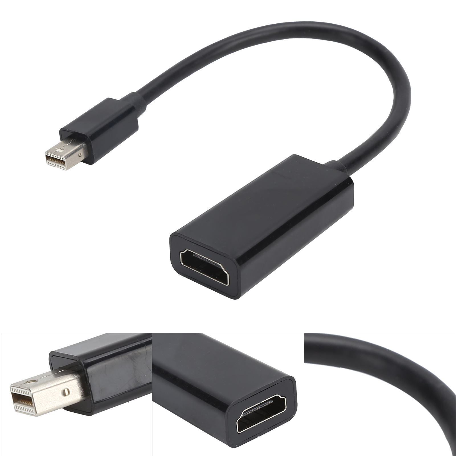 Ein schwarzes Adapterkabel. Ein Ende ist ein Mini-DisplayPort, das andere ein HDMI-Anschluss. Das Kabel ist gebogen.