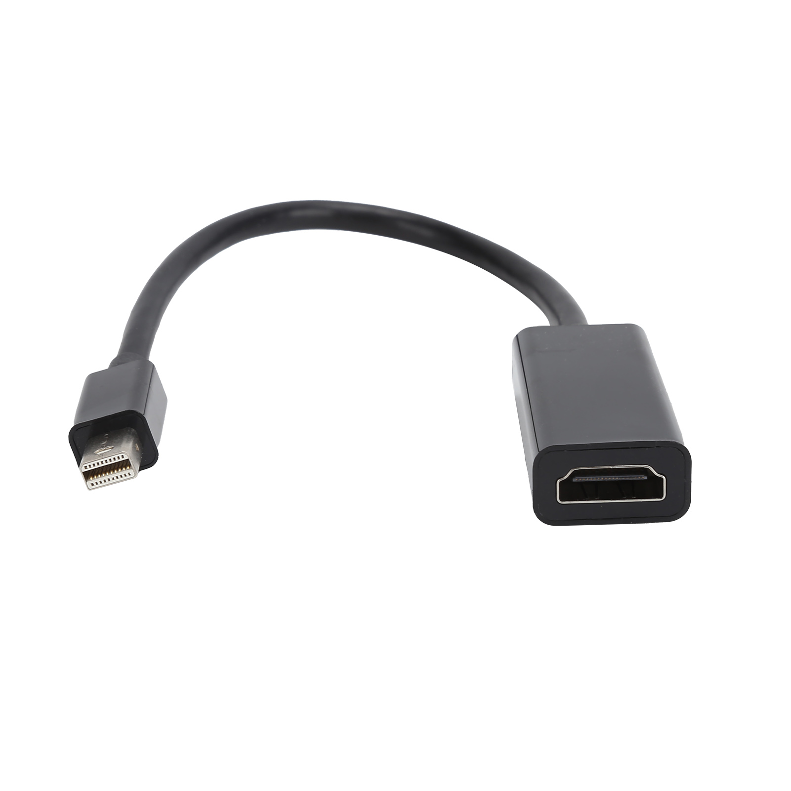 Ein schwarzes HDMI-zu-Mini-DisplayPort-Adapterkabel auf weißem Hintergrund.