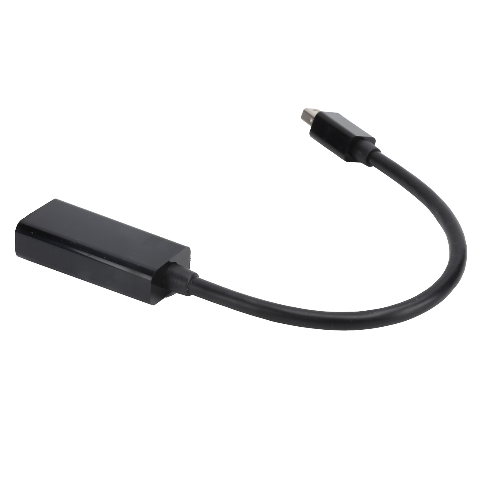 Ein schwarzes Adapterkabel mit rechteckigem Kopf und kleinem Stecker an einem gebogenen Kabel, vor weißem Hintergrund.