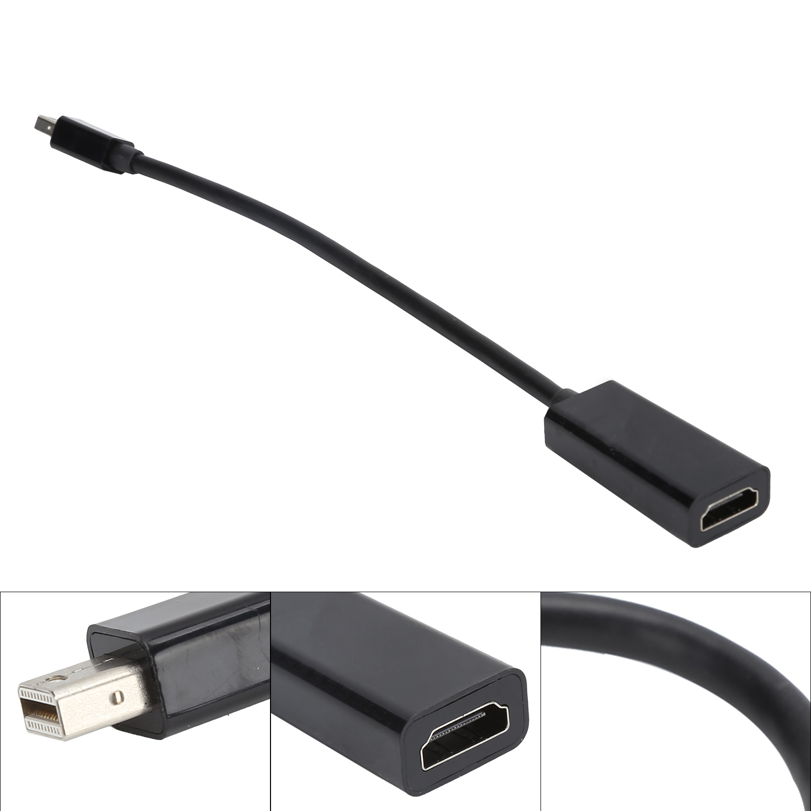 Ein schwarzes Adapterkabel. Ein Ende ist ein Mini-DisplayPort, das andere Ende ist HDMI. Das Kabel ist in der Mitte.