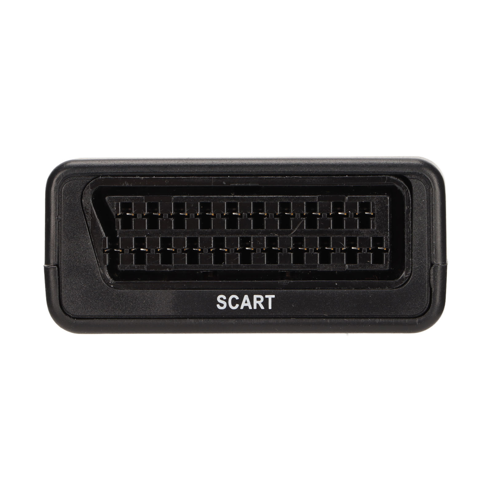 Ein schwarzer SCART-Anschluss, rechteckig mit einem Stiftgitter. Das Wort "SCART" ist unten in weißen Buchstaben aufgedruckt.