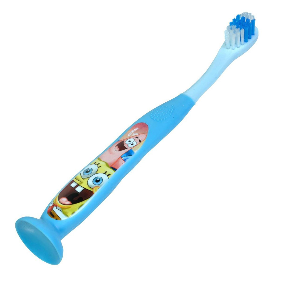 Uno spazzolino blu con SpongeBob e Patrick. La testina ha setole blu e bianche. Il manico ha una ventosa.