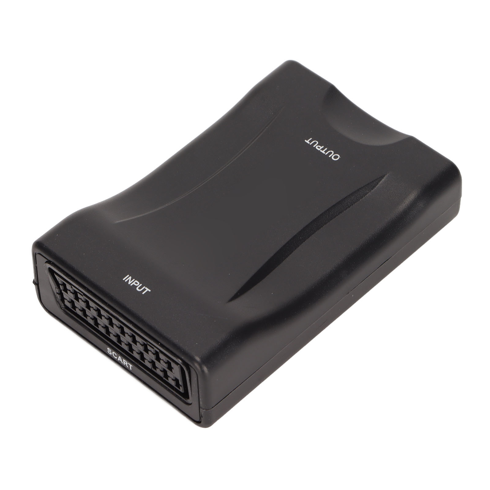 Schwarzer SCART-zu-HDMI-Adapter. Er hat die Aufschriften "INPUT" und "OUTPUT". Die Form ist rechteckig.