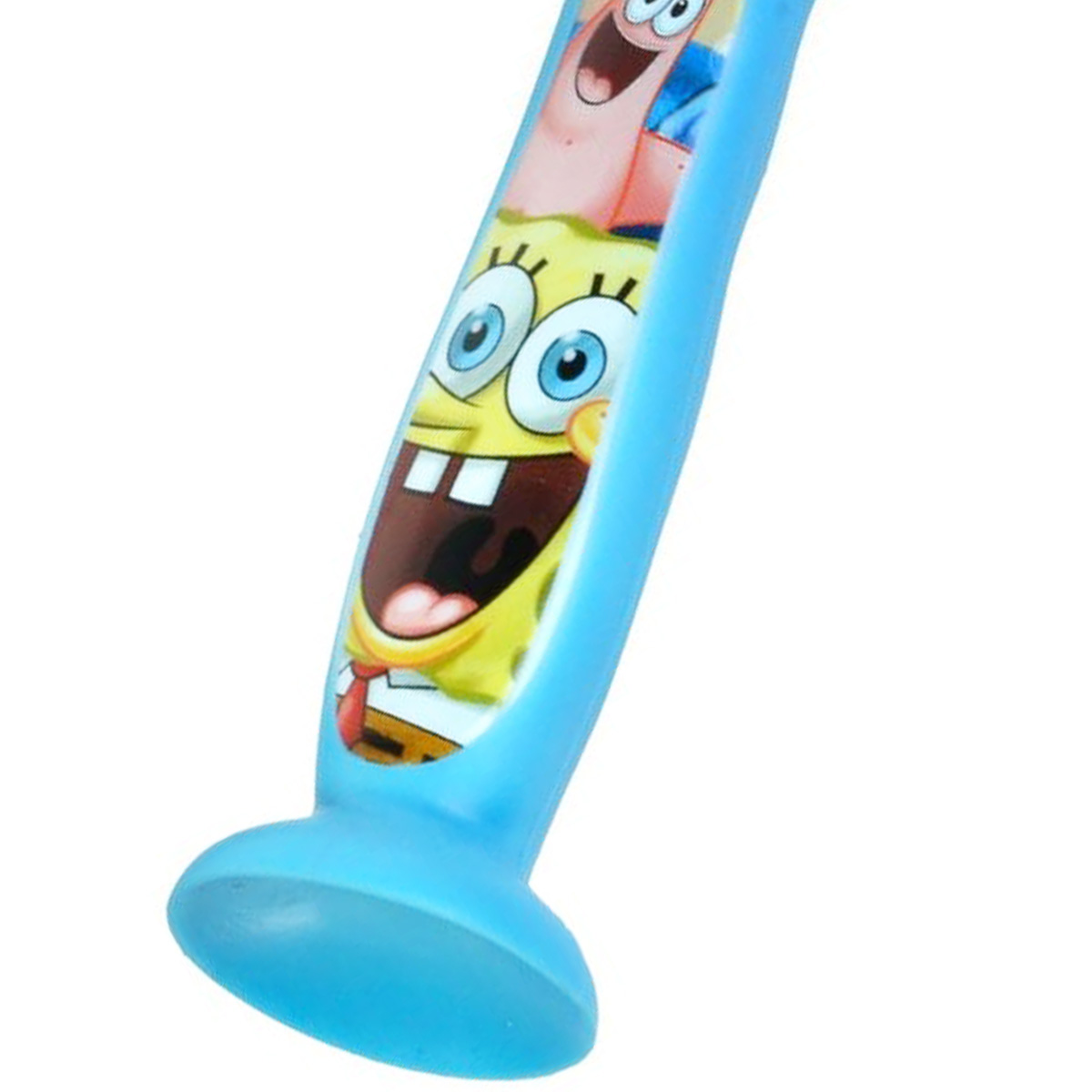 Un manico blu con disegni di Spongebob e Patrick. Il manico ha una base arrotondata. Sfondo bianco.