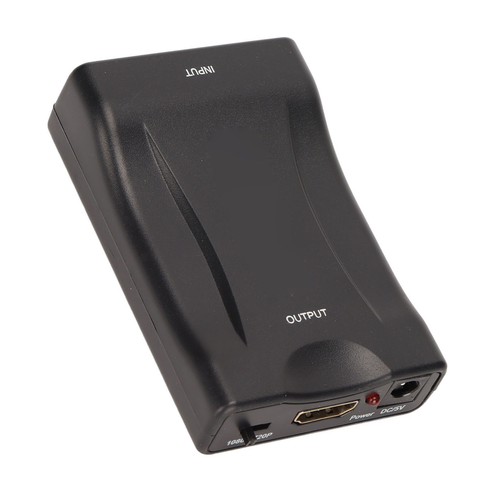 Ein schwarzer HDMI-Konverter mit Eingangs- und Ausgangsbezeichnungen. Er hat eine Betriebsanzeige und einen Anschluss für DC/5V.