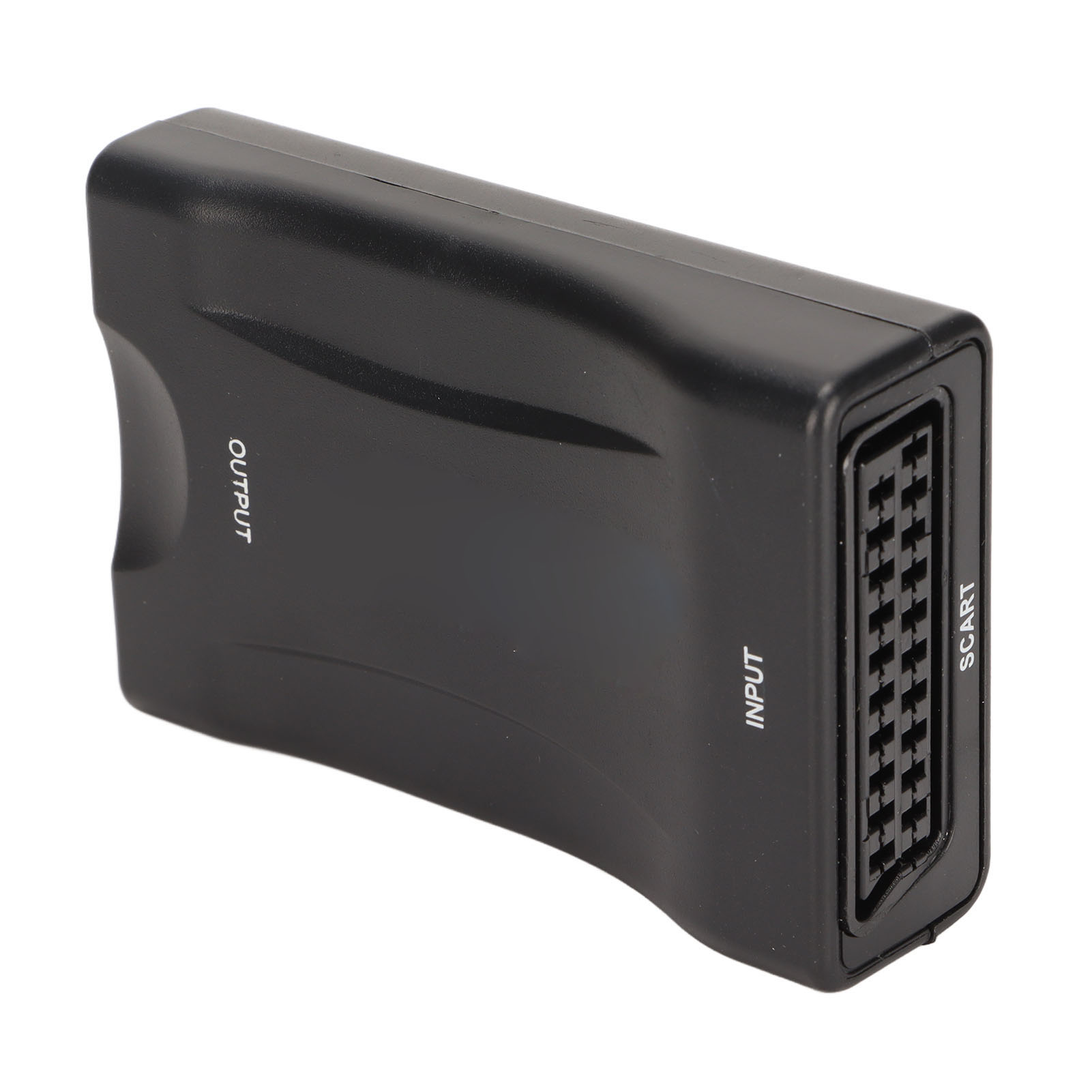 Ein schwarzer SCART-Adapter mit den Aufschriften 'Input' und 'Output'. Der SCART-Anschluss befindet sich rechts.