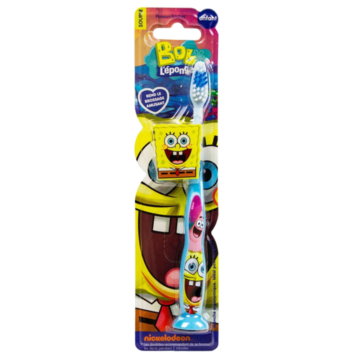 Uno spazzolino di Spongebob nella sua confezione. La confezione presenta Spongebob e Patrick. Lo spazzolino è blu e bianco con Spongebob.