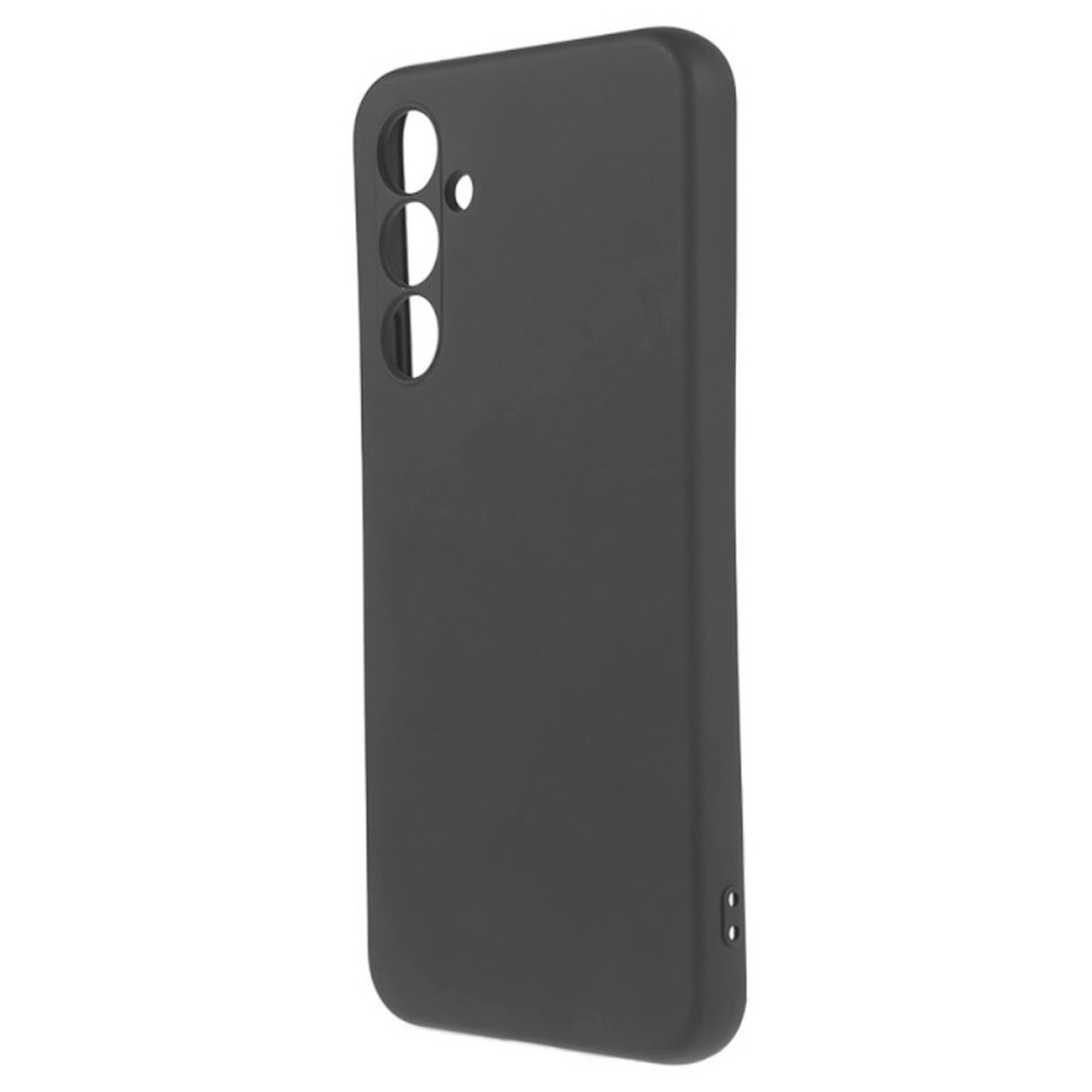 Viene mostrata una custodia nera per telefono, con aperture per la fotocamera e i pulsanti. La custodia ha una superficie liscia.