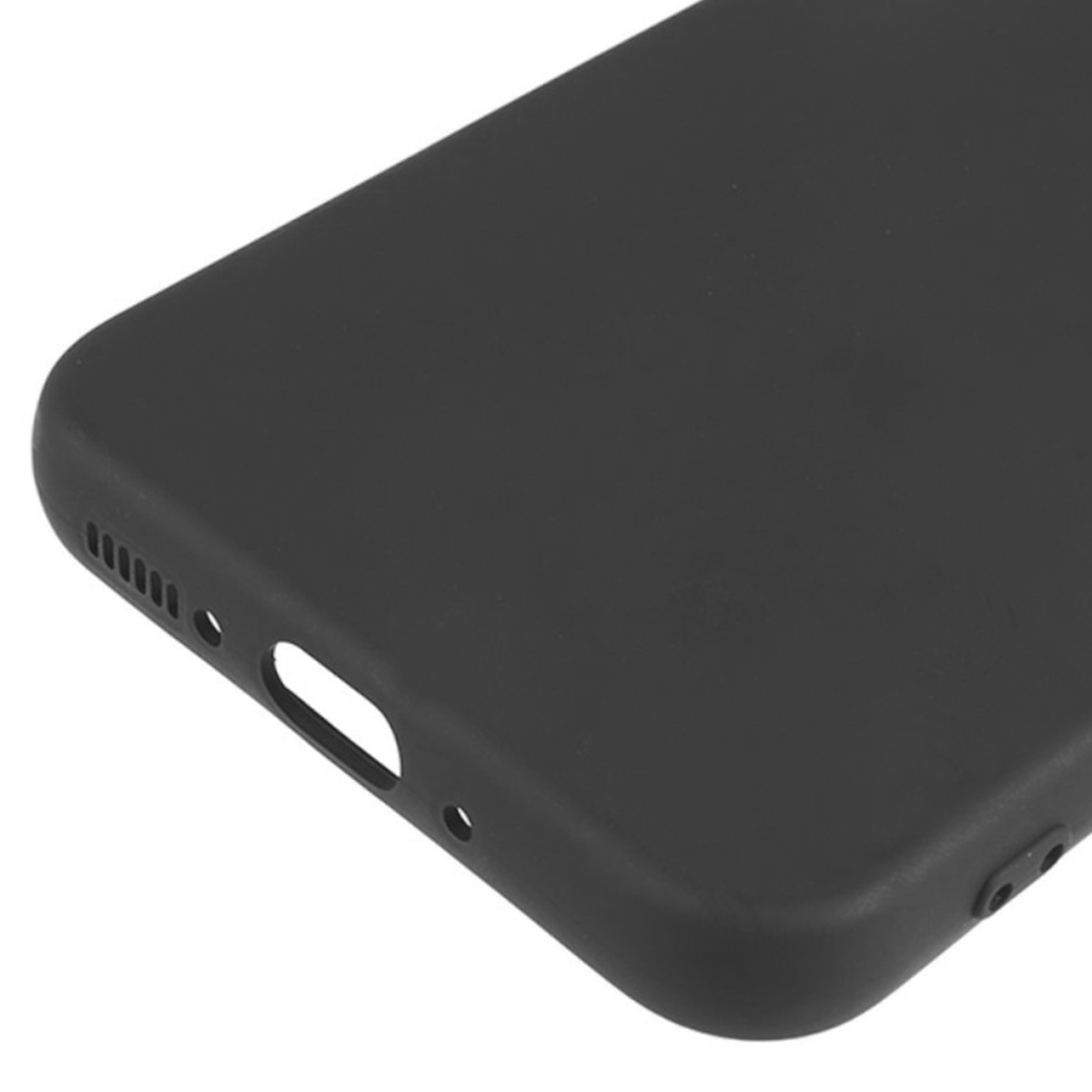 Primo piano di una custodia nera per telefono. Ha fori per fotocamera, altoparlanti e porta di ricarica. La superficie è liscia e opaca.