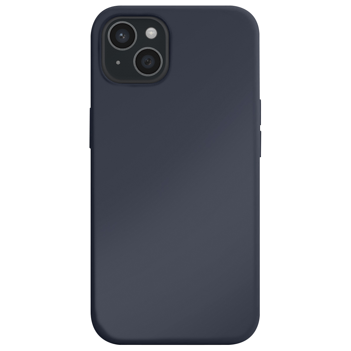 Una custodia per telefono blu navy con lenti della fotocamera e pulsanti laterali. Lo sfondo è bianco.