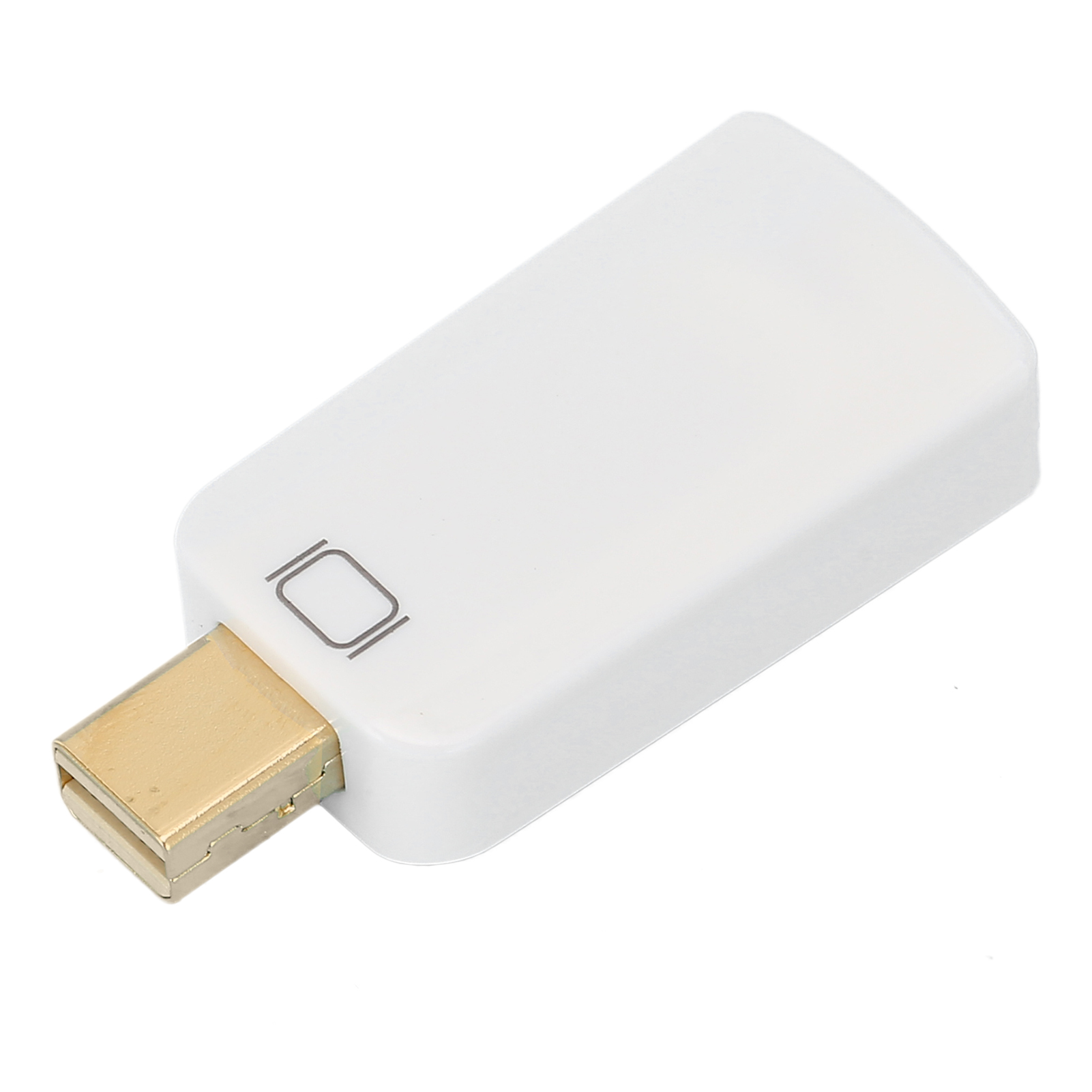 Ein weißer Adapter mit goldenem Stecker. Der Adapter hat ein Logo mit zwei vertikalen Linien und einem Rechteck.