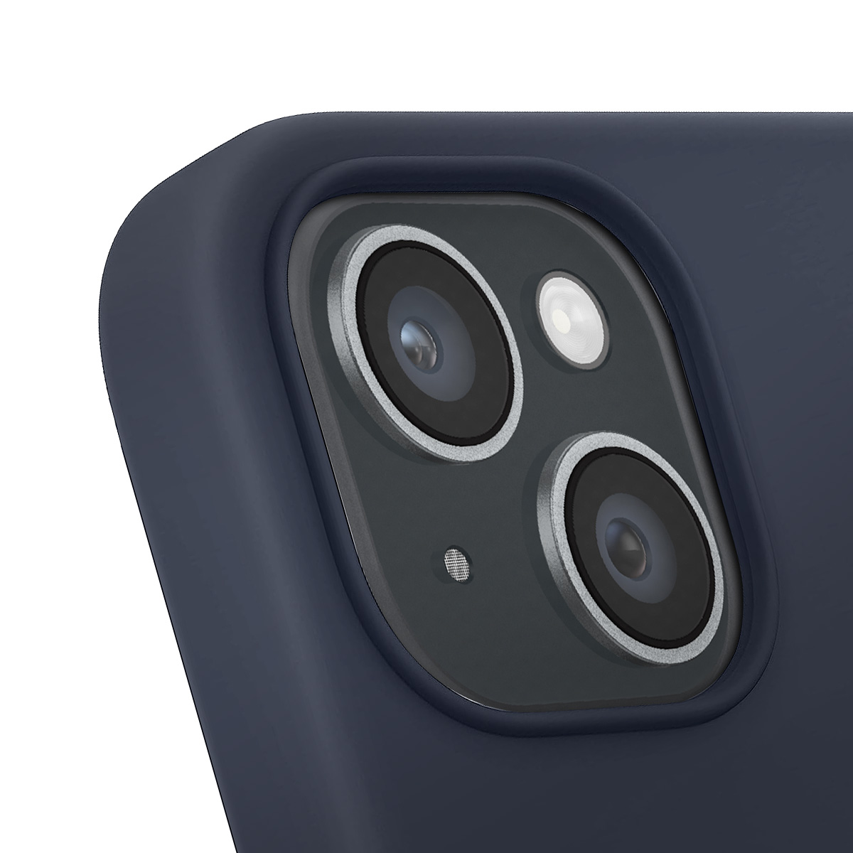 Primo piano di una custodia per telefono blu scuro con modulo fotocamera. Il modulo ha tre obiettivi e un flash. La custodia è liscia.