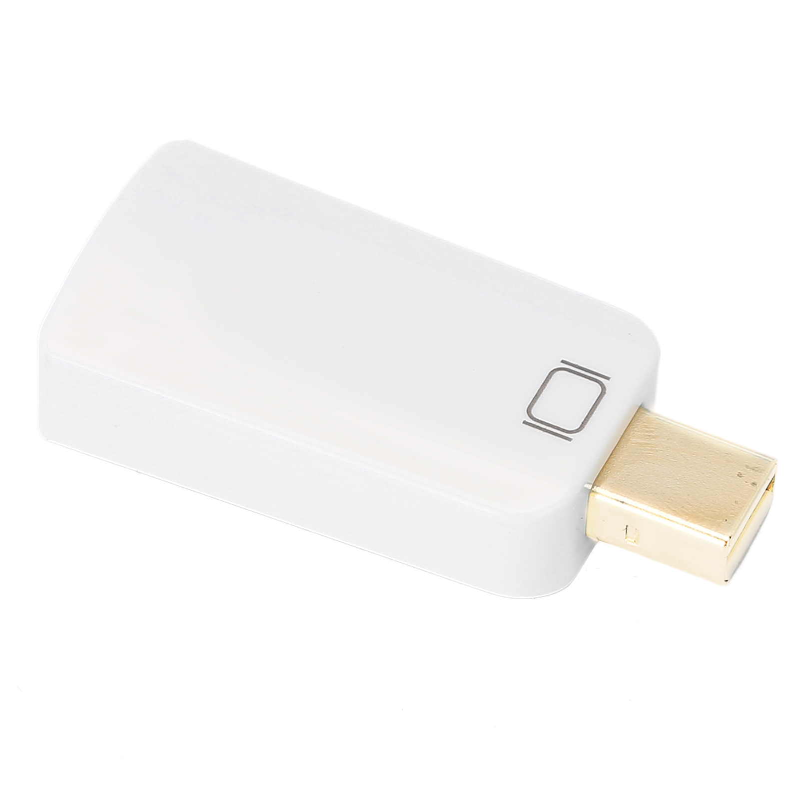 Ein weißer Adapter mit einem goldenen Stecker. Er hat ein quadratisches Logo. Der Hintergrund ist weiß.
