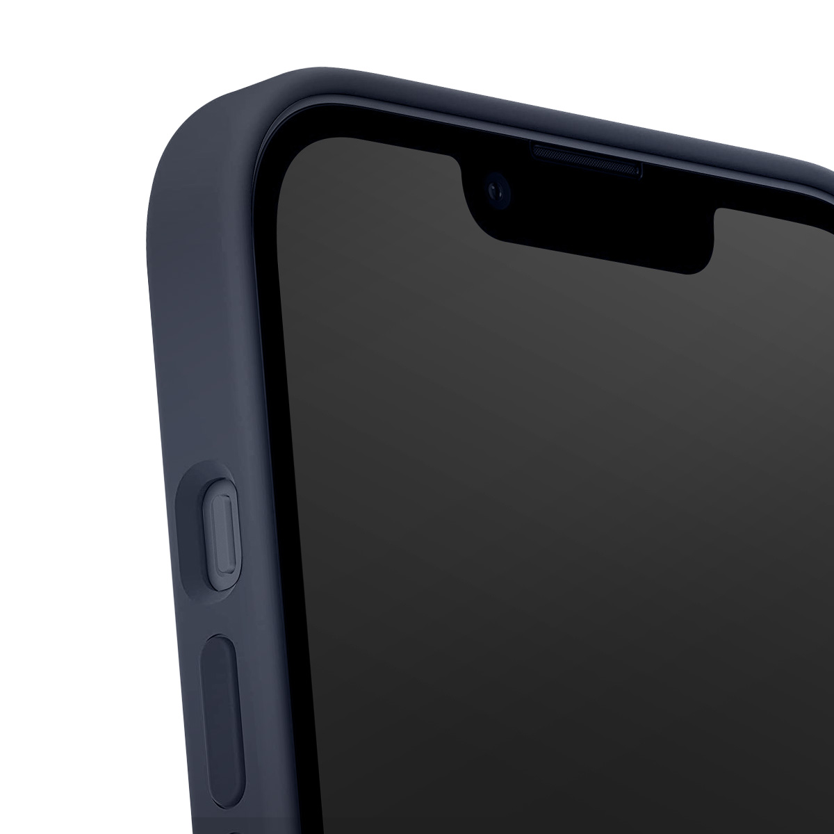 Primo piano di uno smartphone blu scuro in una custodia. Lo schermo è nero. I pulsanti laterali sono visibili. Lo sfondo è bianco.